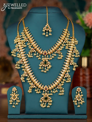 Antique guttapusalu combo set with kemp & cz stone and pearl hangings with maang tikka