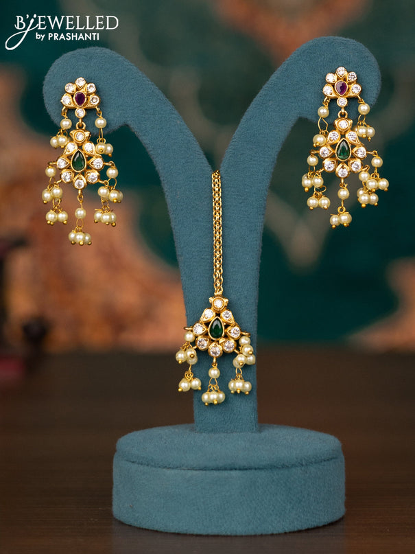 Antique guttapusalu combo set with kemp & cz stone and pearl hangings with maang tikka
