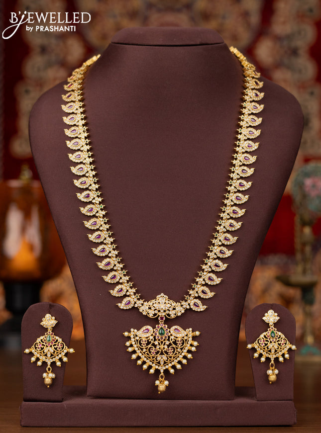 Antique haram maanga pattern with kemp & cz stone and golden beads haning