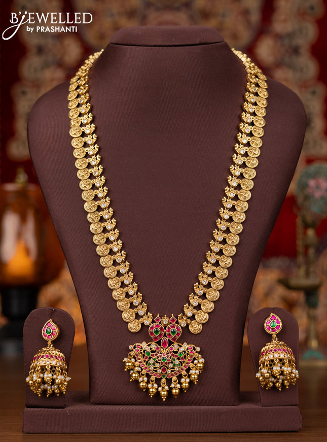 Antique haram lakshmi kasu & double peacock pendant with jadau and kundan stone and natural beads hanging