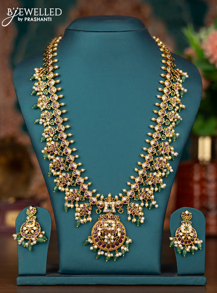 Antique guttapusalu haram with kemp & cz stone and pearl and green beads hangings