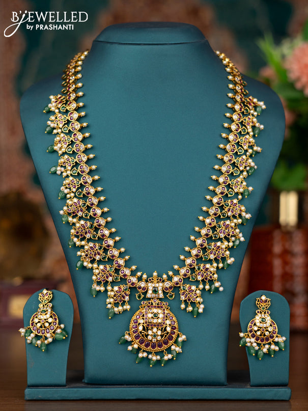 Antique guttapusalu haram with kemp & cz stone and pearl and green beads hangings