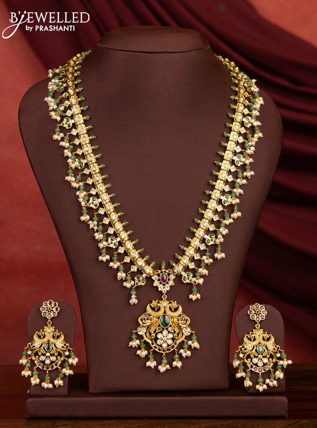 Antique guttapusalu haram double peacock design with kemp & cz stone and pearl and green beads hangings
