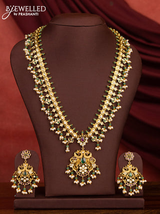 Antique guttapusalu haram double peacock design with kemp & cz stone and pearl and green beads hangings