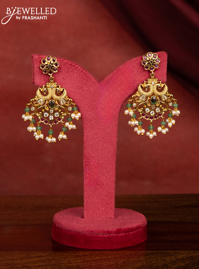 Antique guttapusalu haram double peacock design with kemp & cz stone and pearl and green beads hangings
