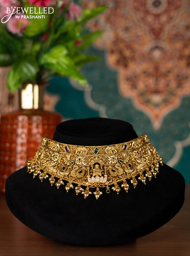 Antique choker lakshmi design with kemp & cz stones and golden beads hangings