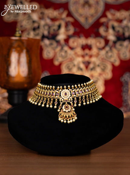 Antique choker with ruby & cz stones and pearl hangings