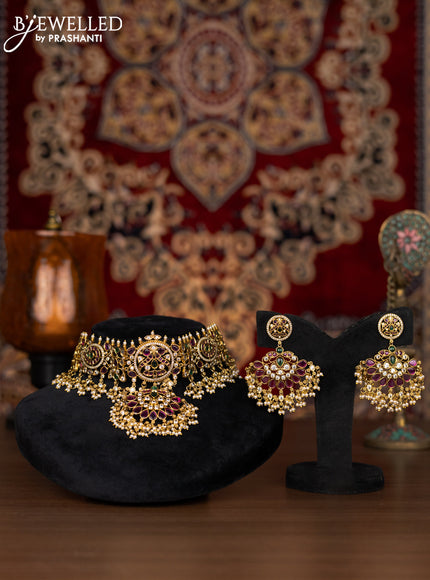 Antique choker peacock design with kemp & kundan stones and pearl hangings