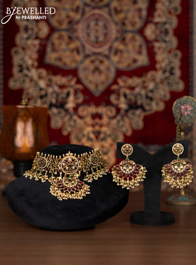Antique choker peacock design with kemp & kundan stones and pearl hangings