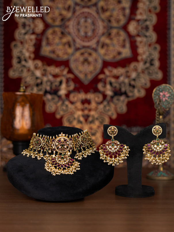Antique choker peacock design with kemp & kundan stones and pearl hangings