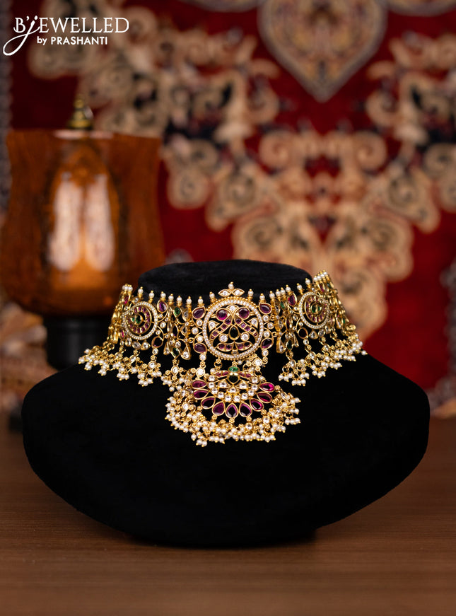 Antique choker peacock design with kemp & kundan stones and pearl hangings
