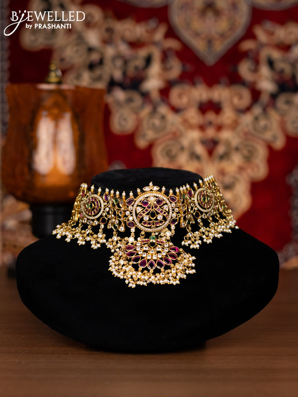 Antique choker peacock design with kemp & kundan stones and pearl hangings