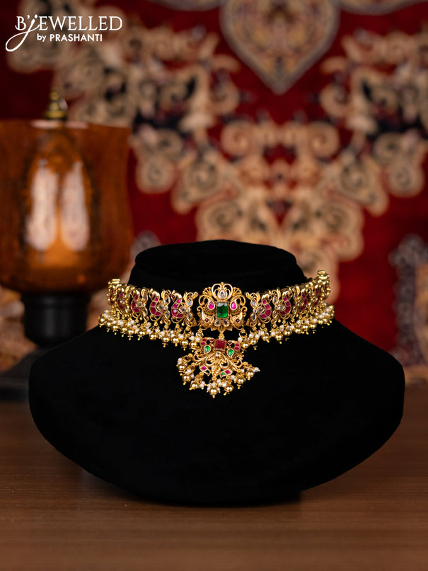 Anrique choker peacock design with jadau kemp stone and pearl hangings