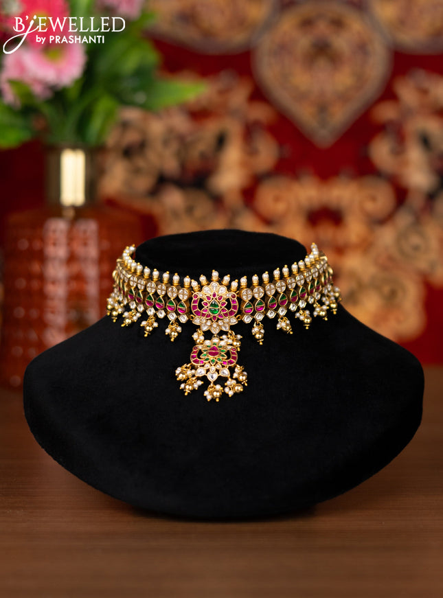 Jadau choker with jadau kemp & kundan stone and golden beads hangings