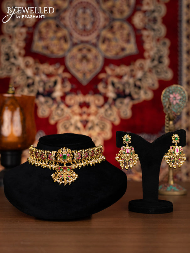 Antique choker peacock design with jadau kemp stone and golden beads hangings