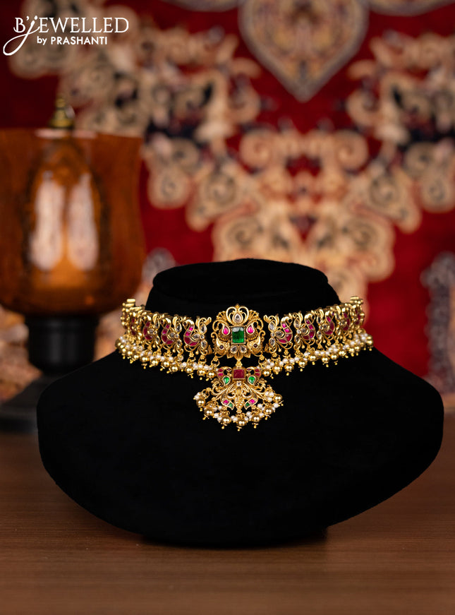 Antique choker peacock design with jadau kemp stone and golden beads hangings