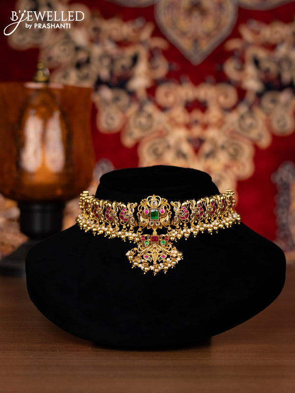 Antique choker peacock design with jadau kemp stone and golden beads hangings