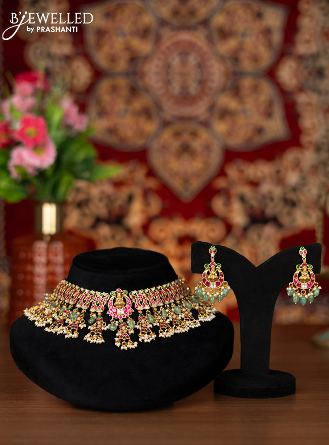 Jadau choker peacock design with jadau kemp & kundan stone and natural beads hangings