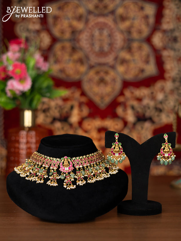 Jadau choker peacock design with jadau kemp & kundan stone and natural beads hangings