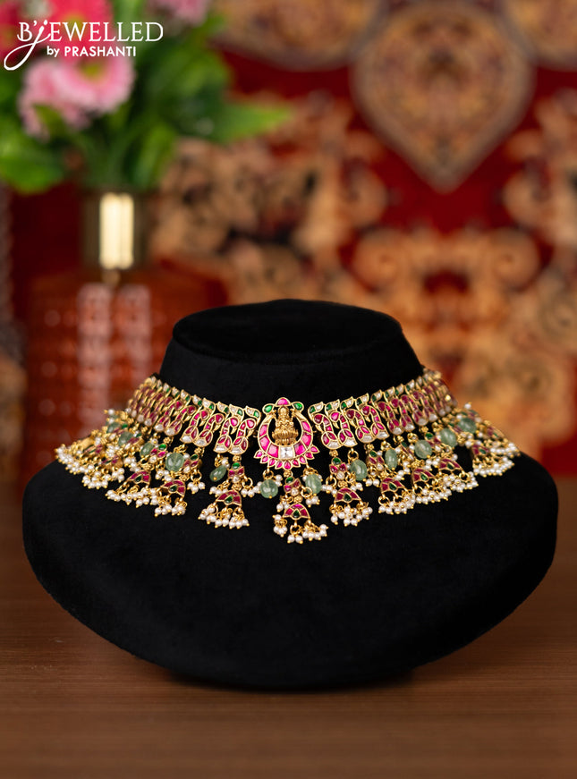 Jadau choker peacock design with jadau kemp & kundan stone and natural beads hangings