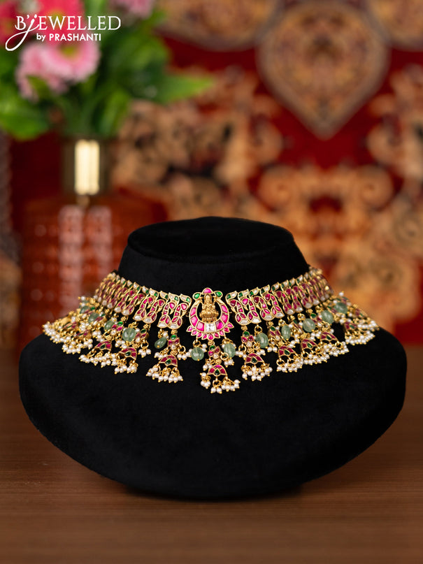 Jadau choker peacock design with jadau kemp & kundan stone and natural beads hangings