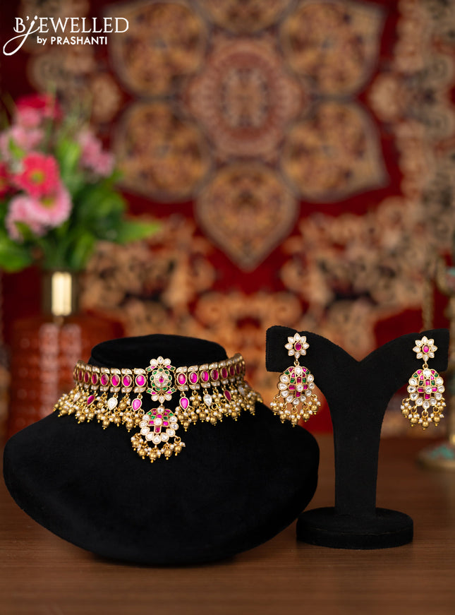 Jadau choker floral design with jadau kemp & kundan stone and golden beads hangings