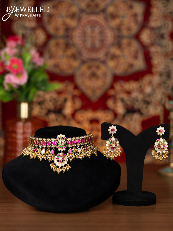 Jadau choker floral design with jadau kemp & kundan stone and golden beads hangings