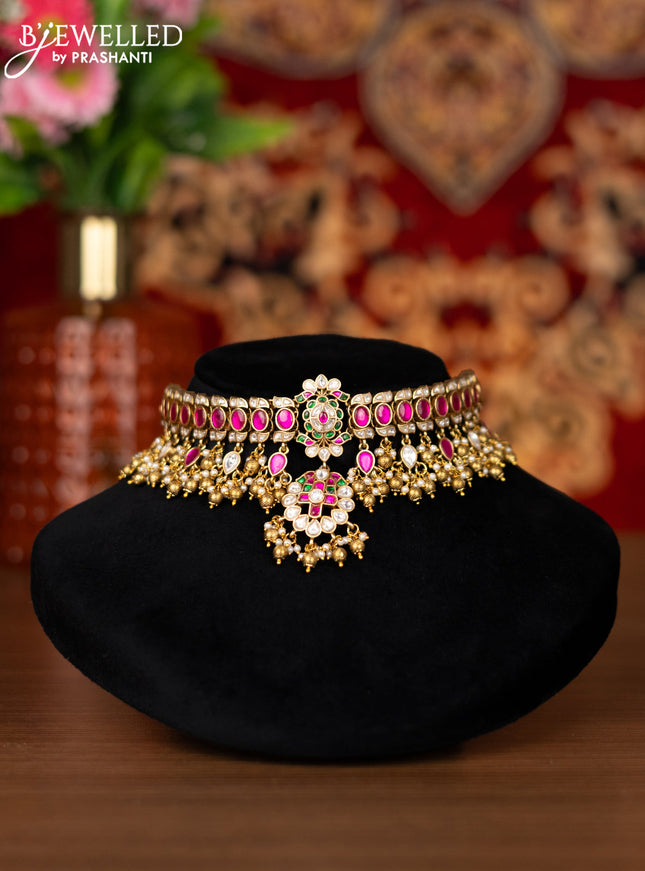 Jadau choker floral design with jadau kemp & kundan stone and golden beads hangings