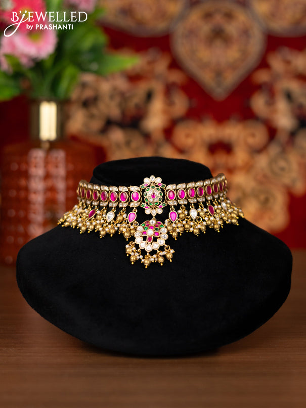 Jadau choker floral design with jadau kemp & kundan stone and golden beads hangings