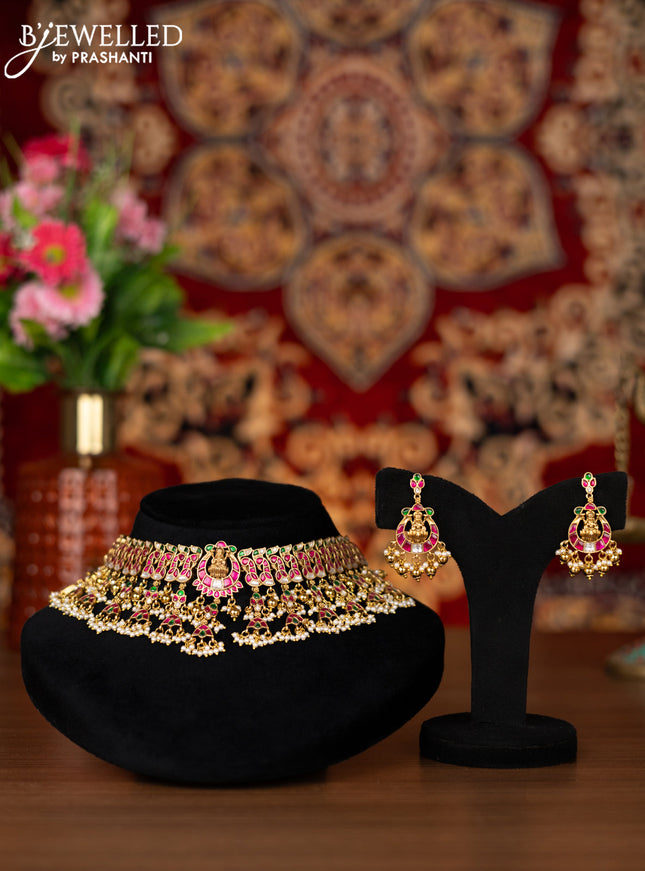 Jadau choker lakshmi & peacock design with jadau kemp,kundan stone and golden beads and pearl hangings