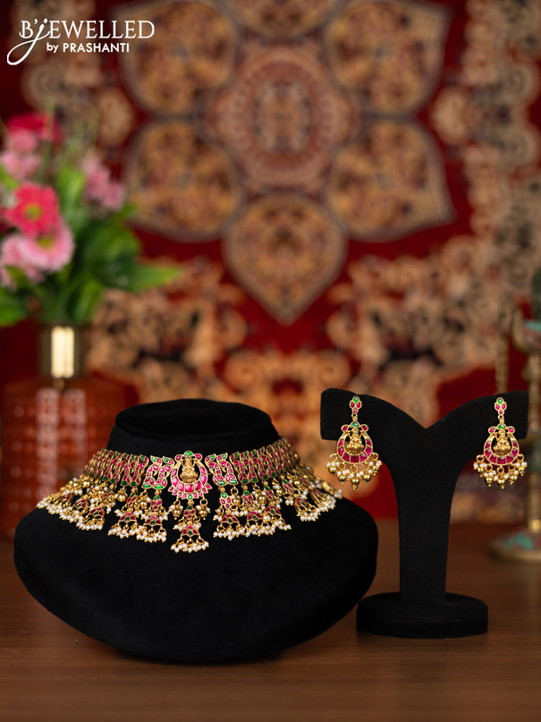 Jadau choker lakshmi & peacock design with jadau kemp stone and golden beads and pearl hangings