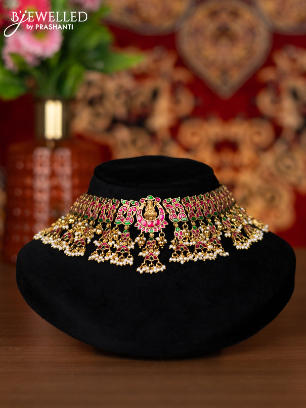 Jadau choker lakshmi & peacock design with jadau kemp stone and golden beads and pearl hangings