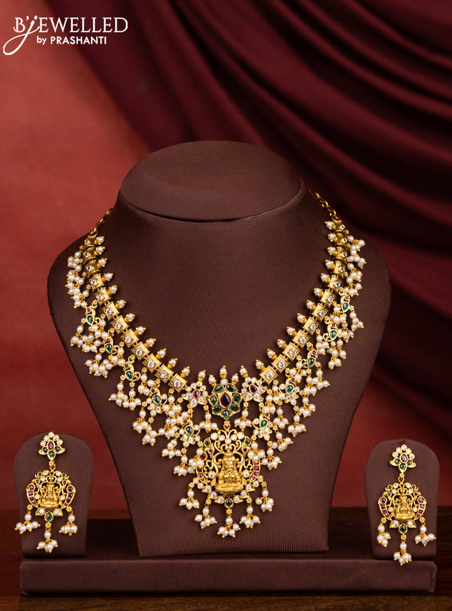 Antique guttapusalu necklace lakshmi design with kemp & cz stone and pearl hangings