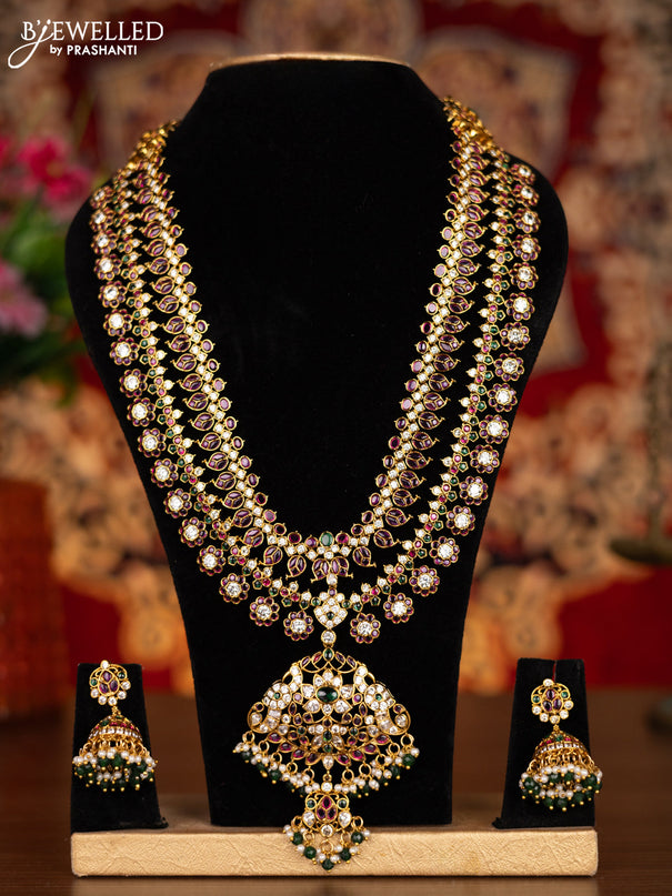 Antique double layer haram manga pattern with kemp & cz stones and pearl & green beads hanginngs