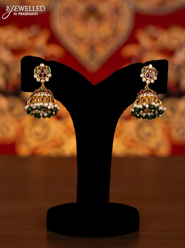 Antique double layer haram manga pattern with kemp & cz stones and pearl & green beads hanginngs