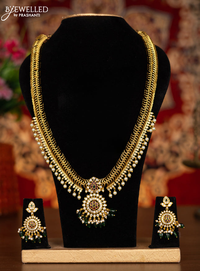 Antique haram with kemp & cz stones and pearl & green beads hangings