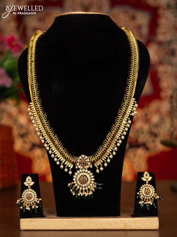 Antique haram with kemp & cz stones and pearl & green beads hangings