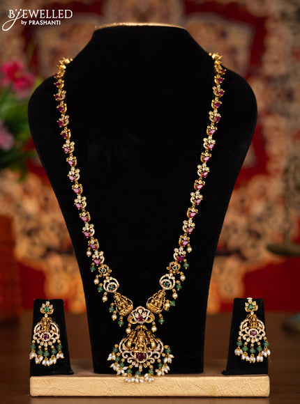Antique haram lakshmi design with kemp & cz stones and pearl & mint green beads hangings