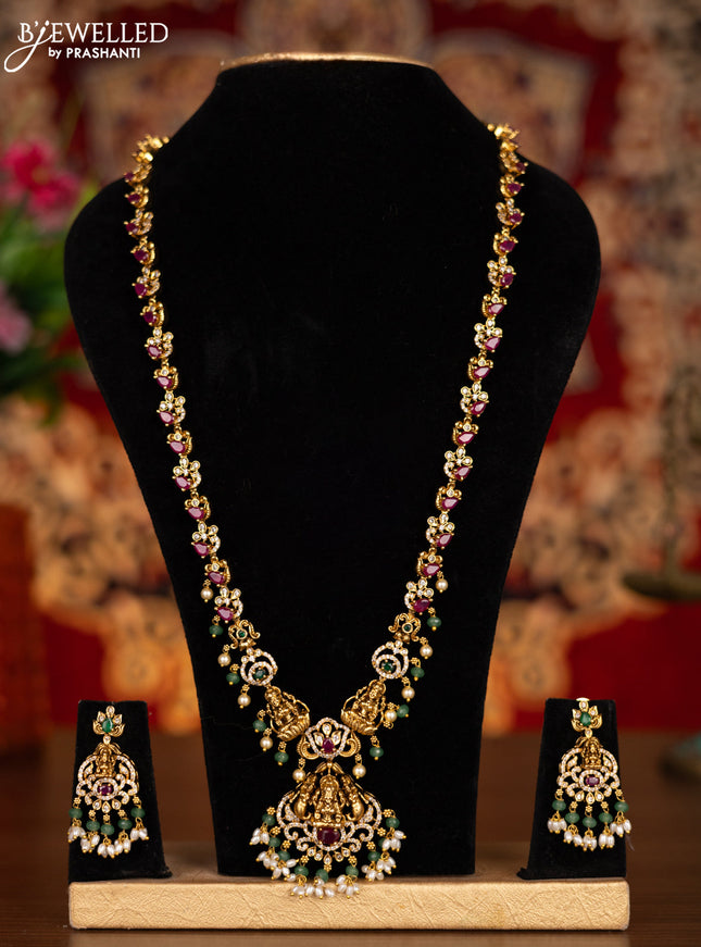 Antique haram lakshmi design with kemp & cz stones and pearl & mint green beads hangings