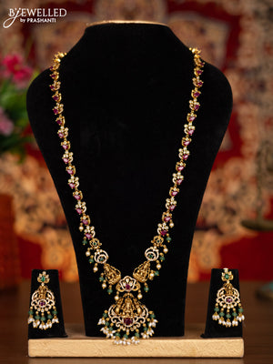 Antique haram lakshmi design with kemp & cz stones and pearl & mint green beads hangings