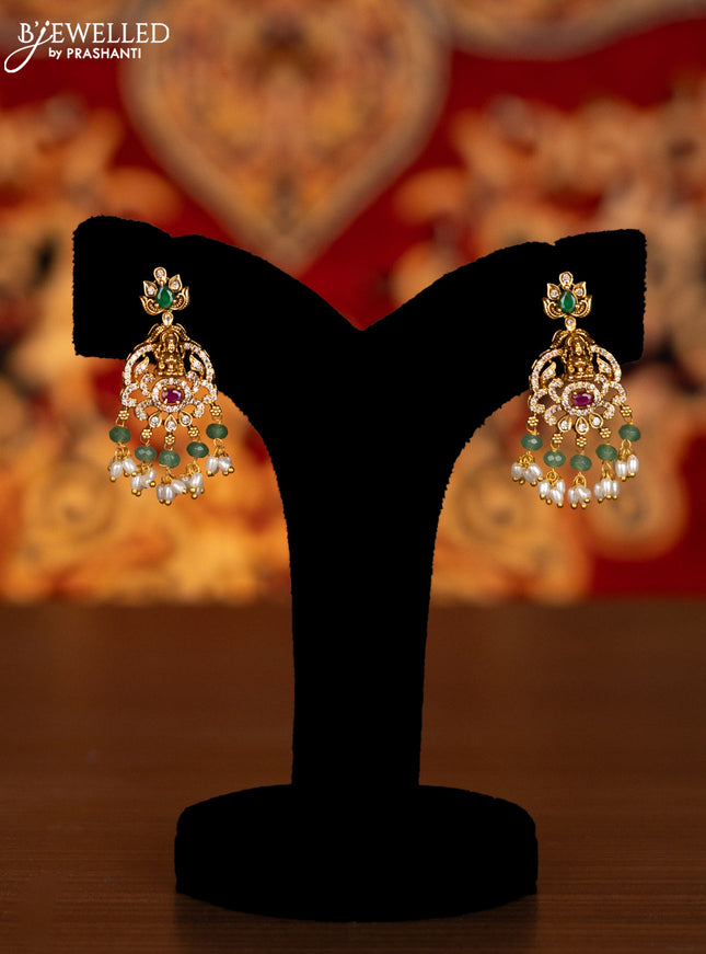 Antique haram lakshmi design with kemp & cz stones and pearl & mint green beads hangings