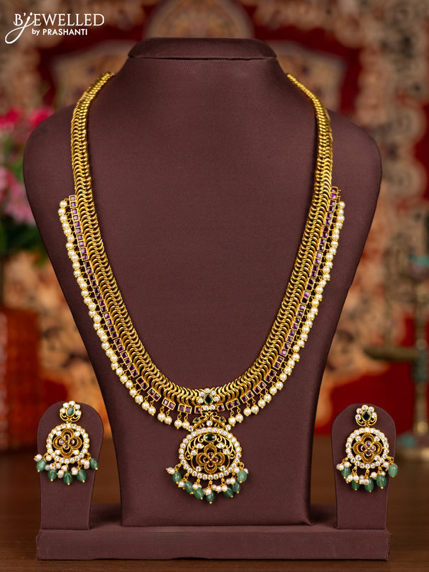 Antique haram with kemp & cz stones and pearl & mint green beads hangings