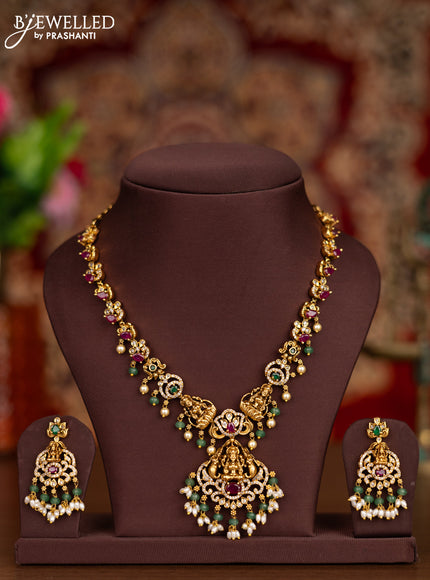 Antique necklace lakshmi design with kemp & cz stones and pearl & mint green beads hangings