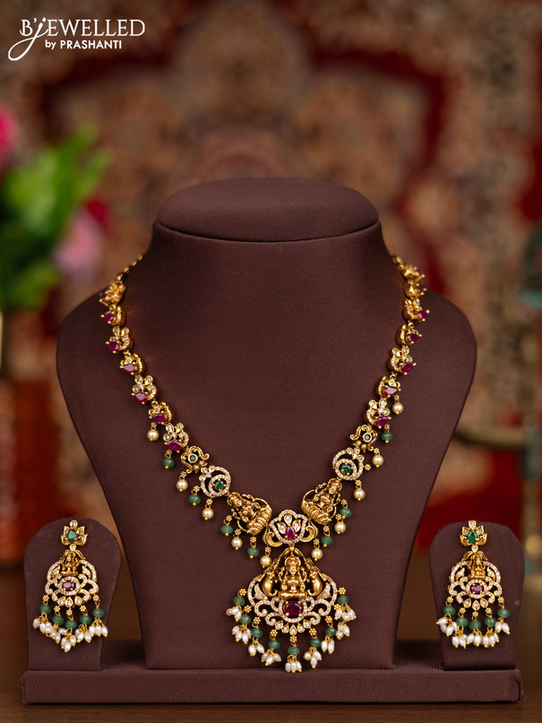 Antique necklace lakshmi design with kemp & cz stones and pearl & mint green beads hangings