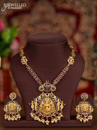 Antique necklace lakshmi pendant with kemp & cz stones and pearl & golden beads hangings