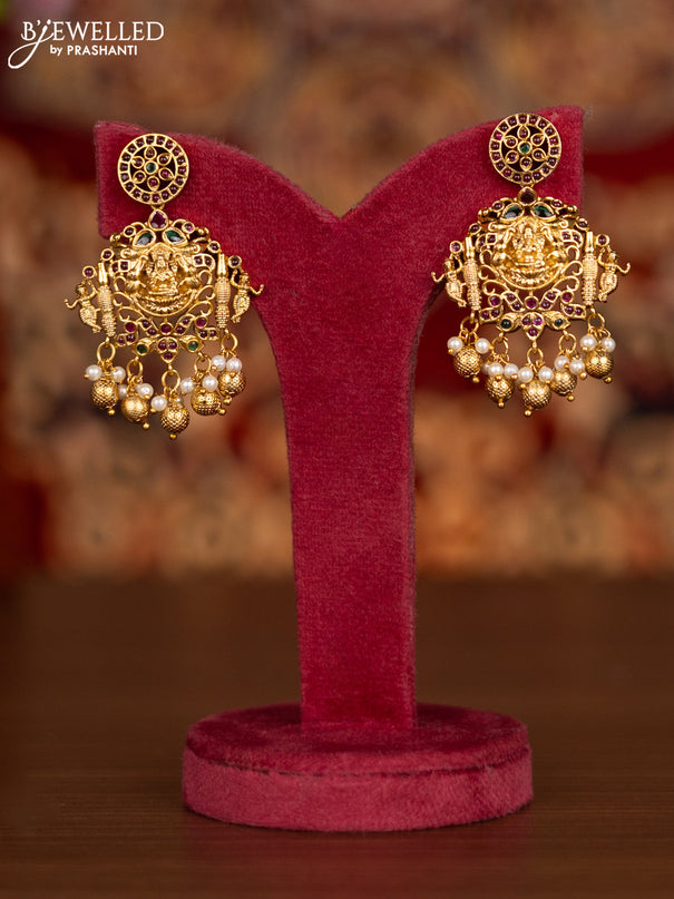 Antique necklace lakshmi pendant with kemp & cz stones and pearl & golden beads hangings