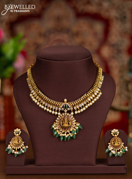 Antique necklace lakshmi pendant with kemp & cz stones and pearl & mint green beads hangings