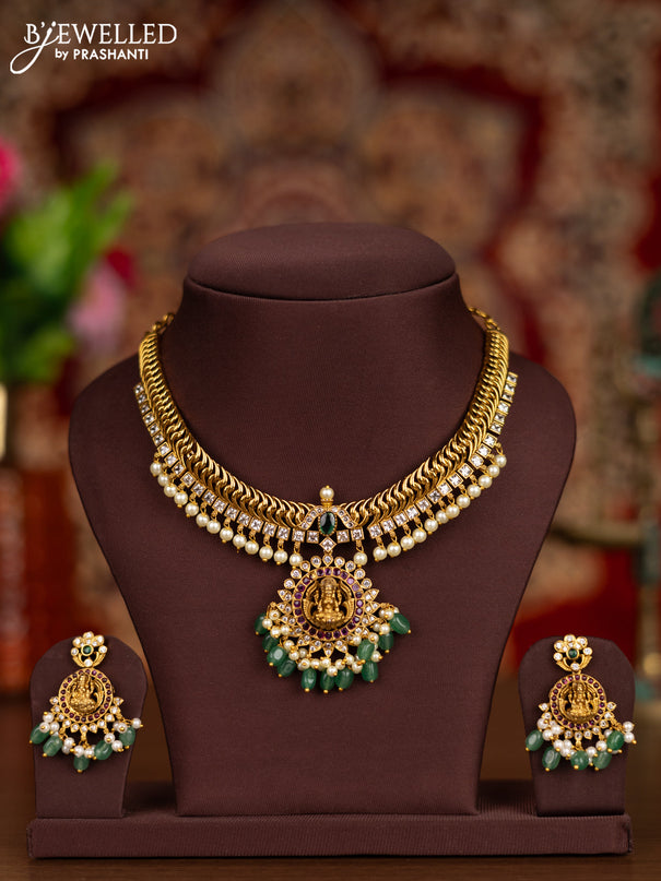 Antique necklace lakshmi pendant with kemp & cz stones and pearl & mint green beads hangings