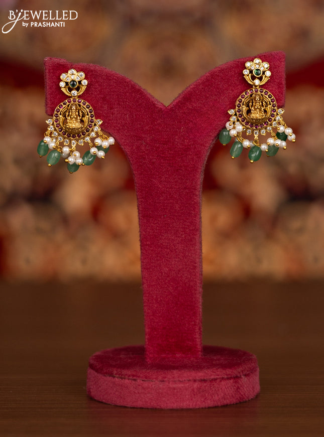 Antique necklace lakshmi pendant with kemp & cz stones and pearl & mint green beads hangings