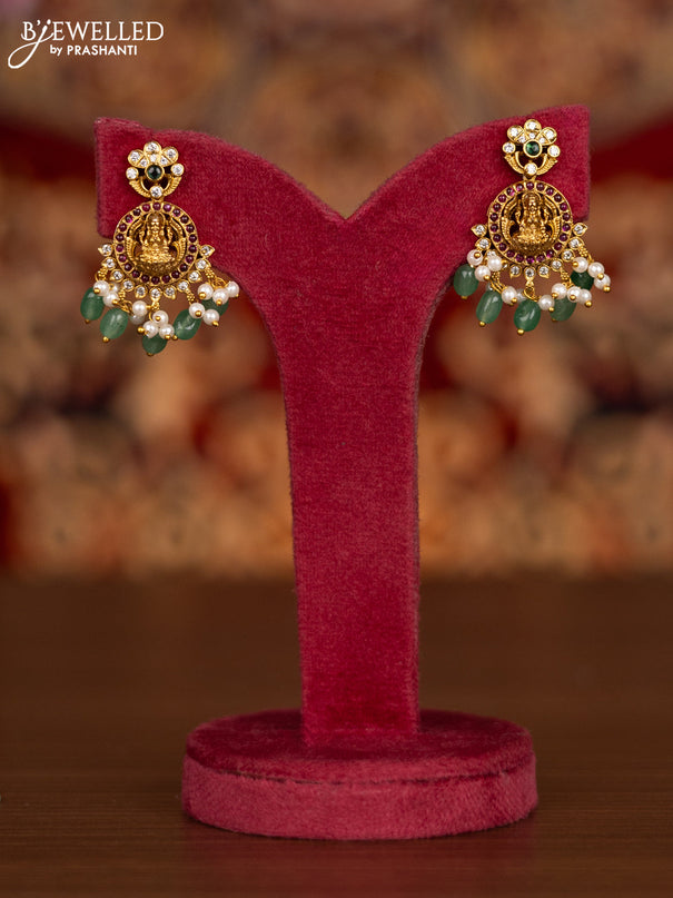 Antique necklace lakshmi pendant with kemp & cz stones and pearl & mint green beads hangings